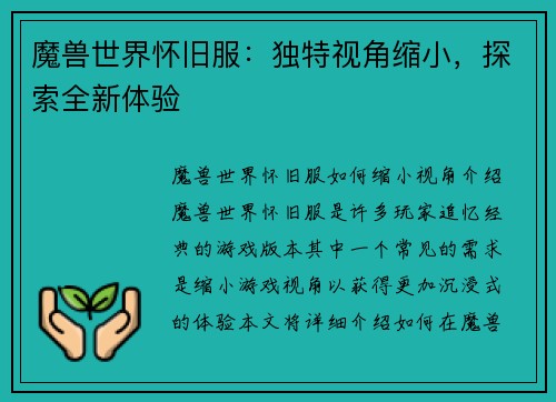 魔兽世界怀旧服：独特视角缩小，探索全新体验